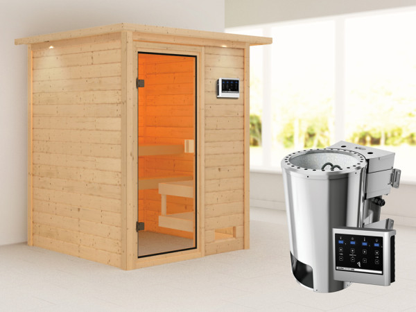 Sauna Sandra mit bronzierter Glastür und Dachkranz + 3,6 kW Plug &amp; Play Bio-Ofen ext. Strg.
