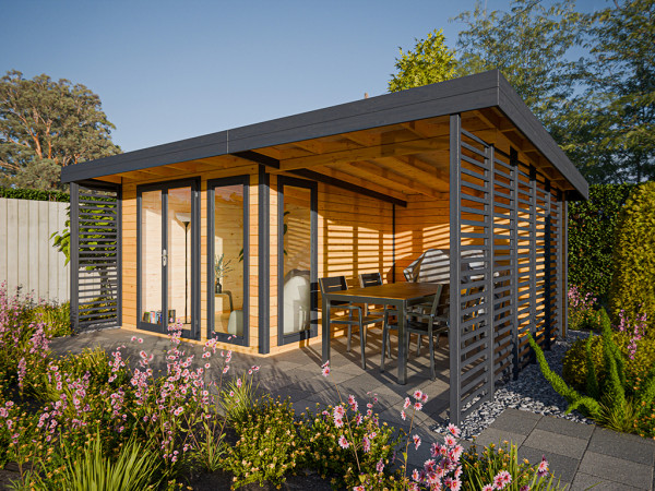 Gartenhaus Homeoffice Arvo 28 mm Eiche/Anthrazit mit 250 cm Anbau