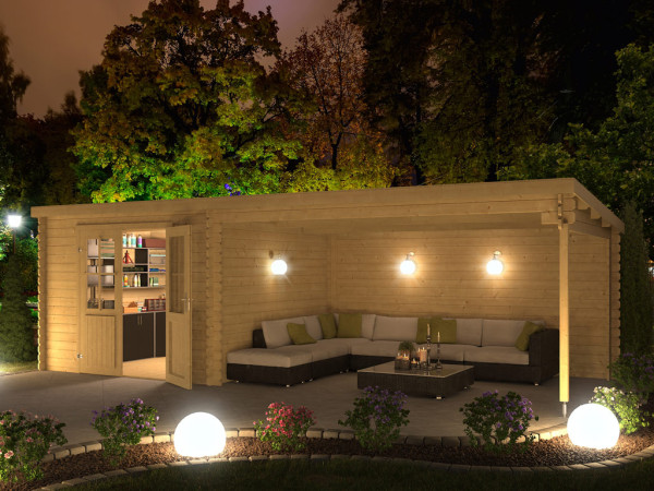 Gartenhaus Blockbohlenhaus St. Louis Exklusiv 28 mm mit 4 m Anbau