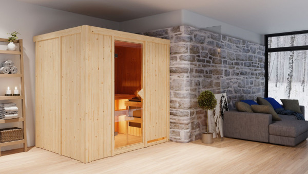 Sauna Systemsauna Bodin mit Dachkranz, inkl. 9 kW Bio-Ofen mit externer Steuerung