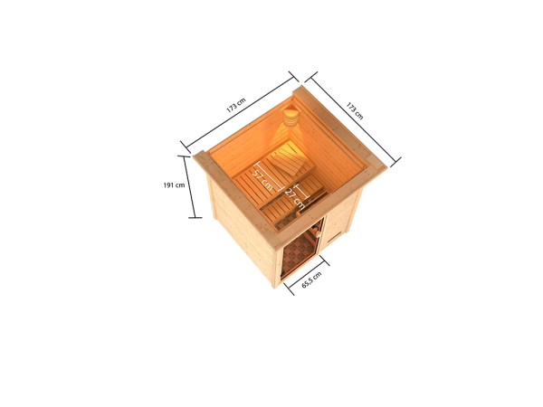 Sauna Massivholzsauna Sandra mit Dachkranz, inkl. 9 kW Ofen mit integrierter Steuerung