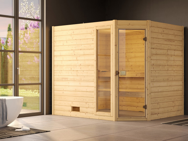Massivholzsauna Valida Eck mit Ganzglastür inkl. 7,5 kW Saunaofen Naturbelassen