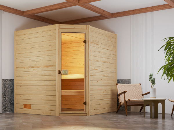 Massivholzsauna Valida Eck mit Ganzglastür inkl. 5,4 kW Kompakt Saunaofen Naturbelassen
