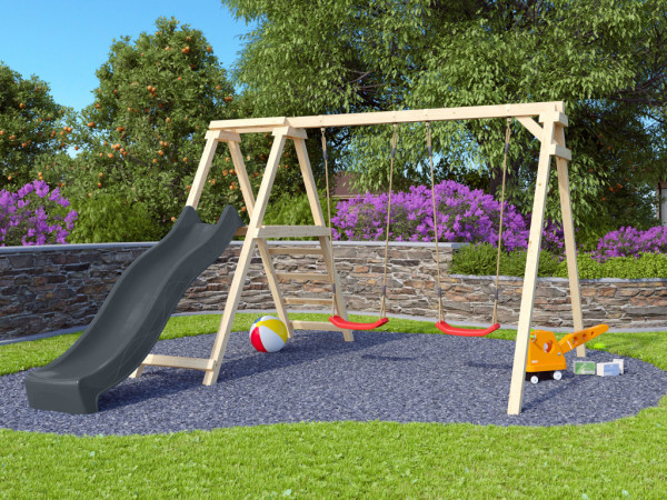 Doppelschaukel Felix naturbelassen, mit Klettergerüst und Rutsche anthrazit