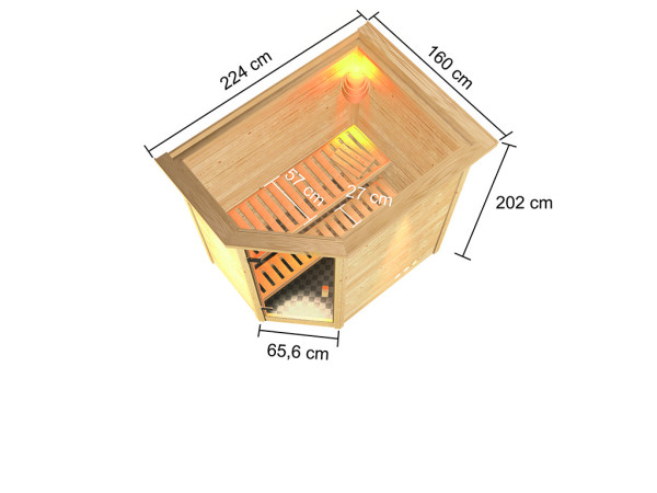 Sauna Massivholzsauna Svea mit Dachkranz, inkl. 9 kW Ofen mit externer Steuerung