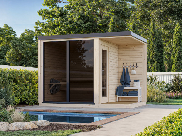 Saunahaus Blockbohlenhaus Sarah 3,8+2,1 m² 16 mm naturbelassen