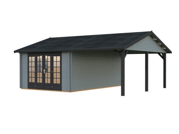 Gartenhaus Irene 19,0+16,2 m² 44 mm hellgrau/anthrazit