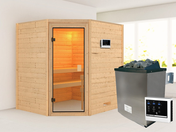 Sauna Massivholzsauna Mia, inkl. 9 kW Ofen mit externer Steuerung