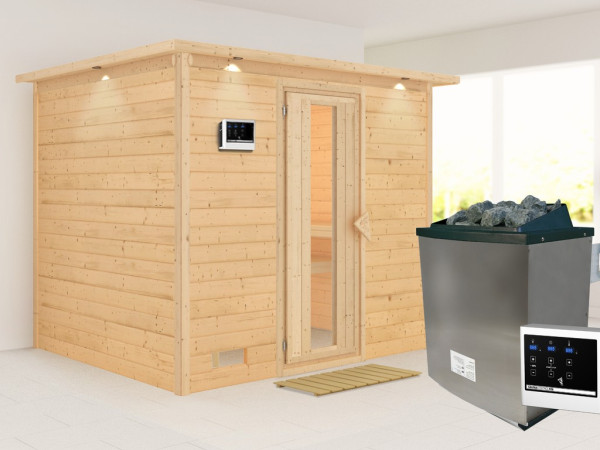 Massivholzsauna Sonara mit Dachkranz Holztür mit Isolierglas