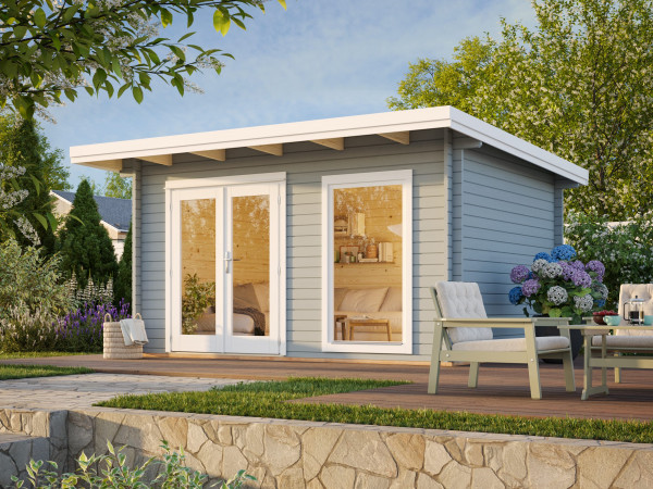 Gartenhaus Heidi 11,7 m² 44 mm hellgrau/weiß