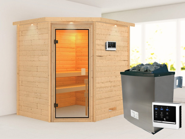Sauna Massivholzsauna Mia mit Dachkranz, inkl. 9 kW Ofen mit externer Steuerung