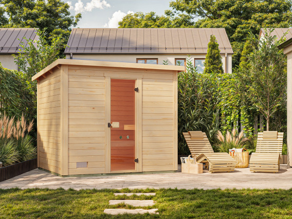 Saunahaus Kaapi mit Ganzglastür inkl. 9 kW Kompakt Saunaofen Naturbelassen