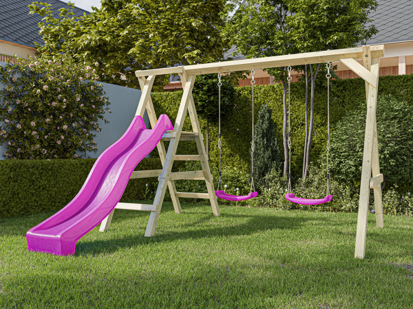 Doppelschaukel mit Podest Cosy Double KDI inkl. Rutsche pink + 2 Schaukelsitze pink