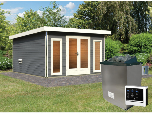 Saunahaus Mainburg 3 terragrau 38 mm inkl. klassischer Saunaofen 9 kW + ext. Steuerung
