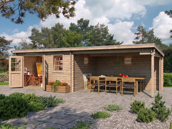 Gartenhaus Blockbohlenhaus Aida 800 28 mm naturbelassen mit 3,8 m Anbau