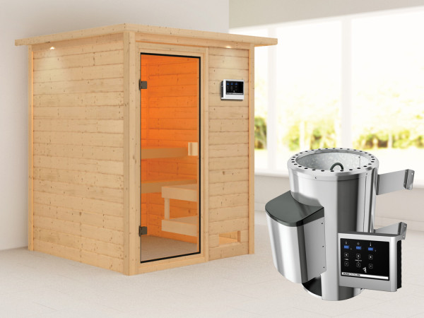 Sauna Sandra mit bronzierter Glastür und Dachkranz + 3,6 kW Plug &amp; Play Saunaofen ext. Strg.
