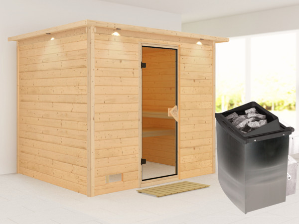 Massivholzsauna Sonara mit Dachkranz bronzierte Ganzglastür