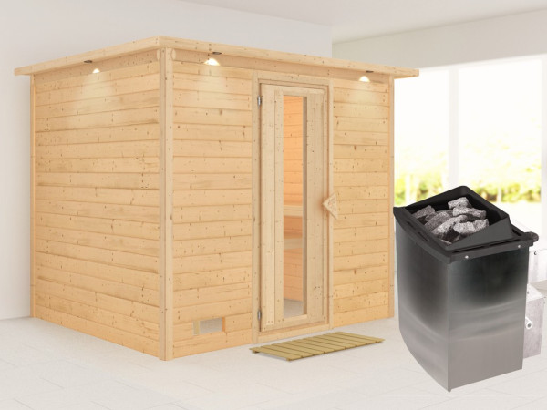 Massivholzsauna Sonara mit Dachkranz Holztür mit Isolierglas