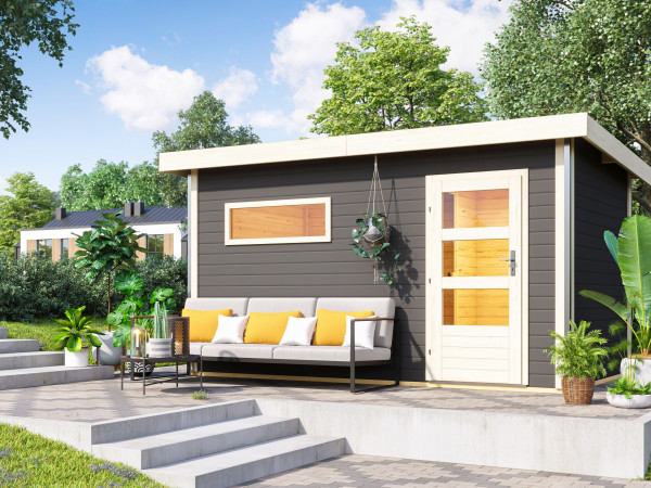 Saunahaus Skrollan 3 mit moderner Tür terragrau inkl. 11 kW Saunaofen ext. Steuerung
