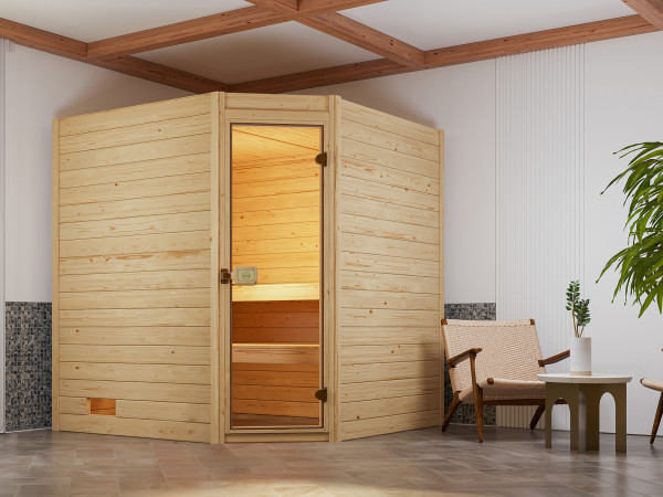 Massivholzsauna Valida Eck mit Ganzglastür inkl. 7,5 kW Saunaofen Naturbelassen