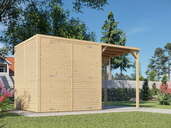 Bikebox Gerätehaus Fiete 3 mit Anbaudach Rhombusprofil 18 mm natur