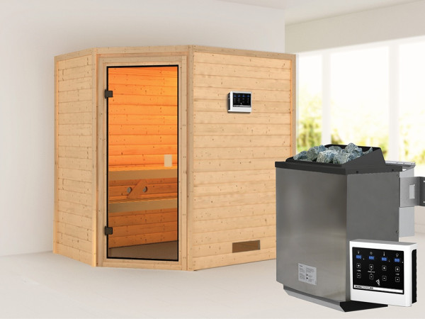 Sauna Massivholzsauna Jella, inkl. 9 kW Bio-Ofen mit externer Steuerung