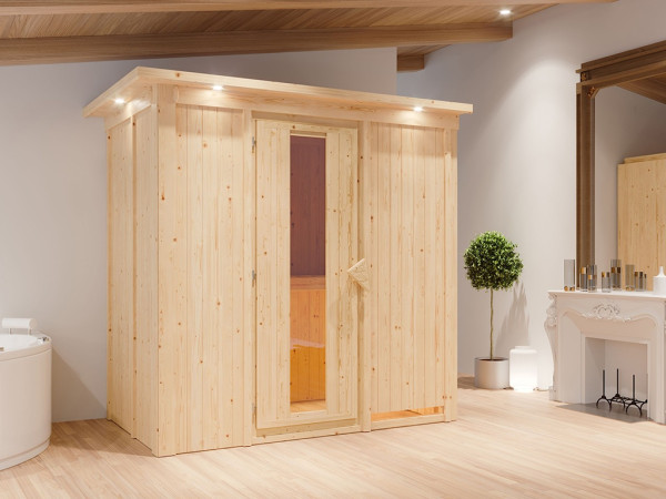 Sauna Systemsauna Variado mit Dachkranz, inkl. 9 kW Ofen mit externer Steuerung