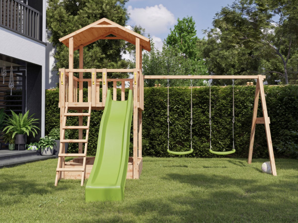 Spielturm Tilly Premium mit Doppelschaukel Lärche inkl. Rutsche grün + Sitze grün