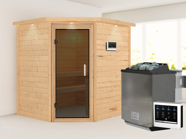 Sauna Massivholzsauna Mia mit Dachkranz, inkl. 9 kW Bio-Ofen mit externer Steuerung