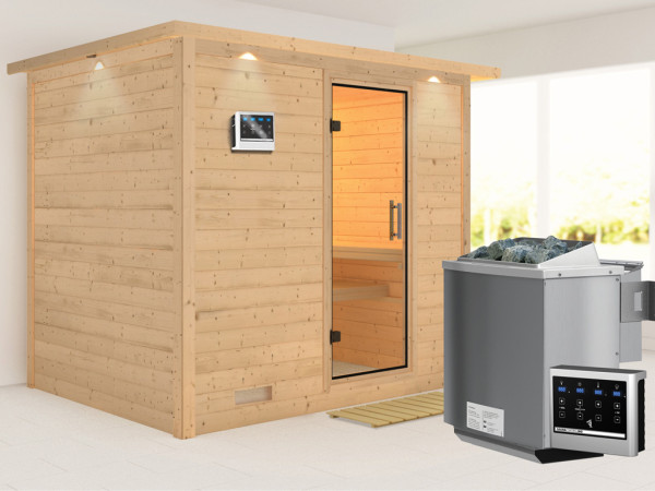Sauna Massivholzsauna Sonara mit Dachkranz, Klarglas Ganzglastür + 9kW Bio-Kombiofen mit ext. Strg