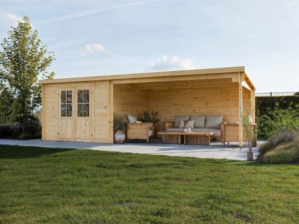 Gartenhaus Blockbohlenhaus St. Louis Exklusiv 28 mm mit 4 m Anbau