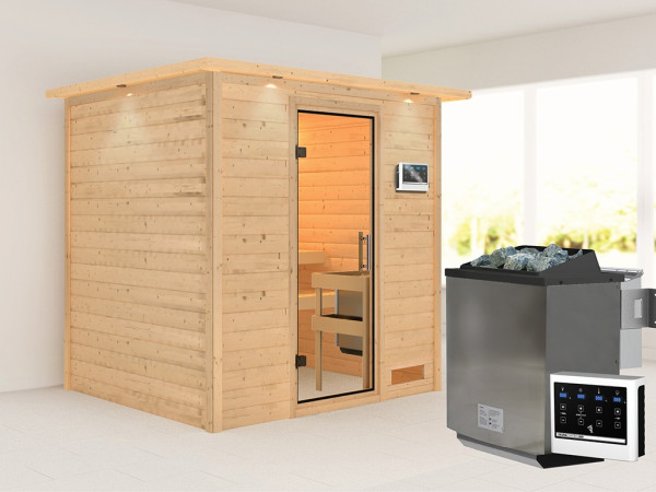 Sauna Massivholzsauna Anja mit Dachkranz, inkl. 9 kW Bio-Ofen mit externer Steuerung