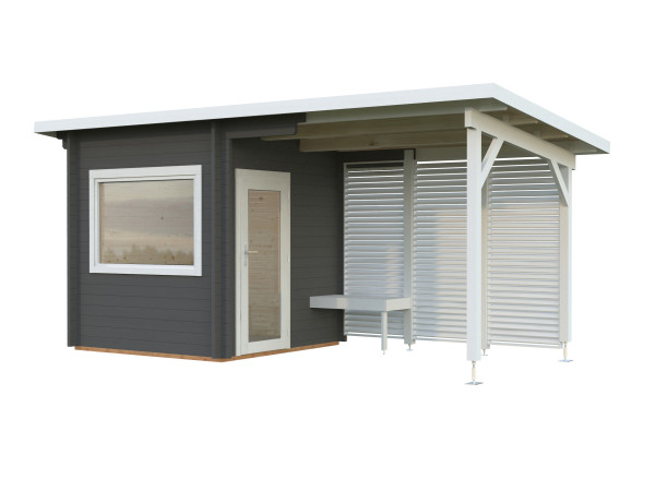 Saunahaus Blockbohlenhaus Sanna 4,1+5,9 m² 44 mm dunkelgrau/weiß