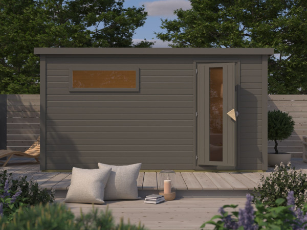 Saunahaus Hytti 6 mit Iso-Tür terragrau inkl. 11 kW Saunaofen ext. Steuerung
