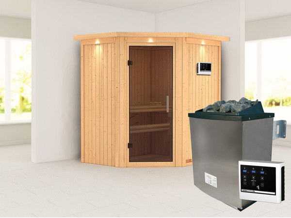 Sauna Systemsauna Taurin mit Dachkranz, inkl. 9 kW Ofen mit externer Steuerung