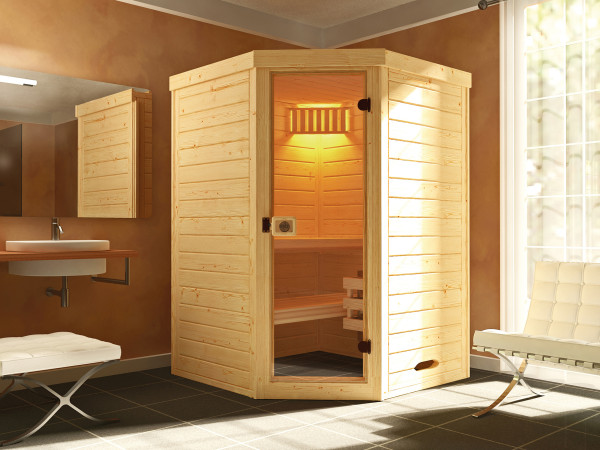 Systemsauna Laukkala mit Ganzglastür 3,6 kW Kompakt Saunaofen Naturbelassen