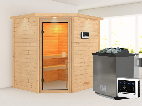 Sauna Massivholzsauna Mia mit Dachkranz, inkl. 9 kW Bio-Ofen mit externer Steuerung