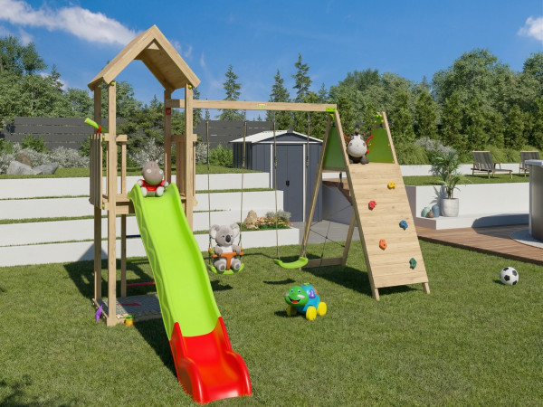 Spielturm Malou inkl. Doppelschaukel, Kletterpodest mit Rutsche grün-rot