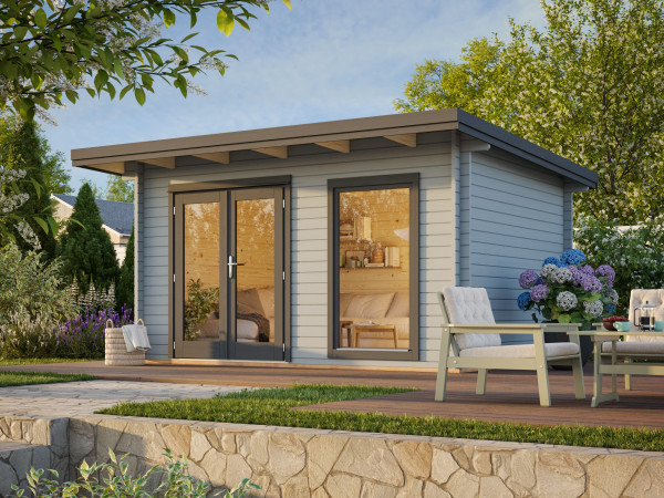 Gartenhaus Heidi 11,7 m² 44 mm hellgrau/anthrazit