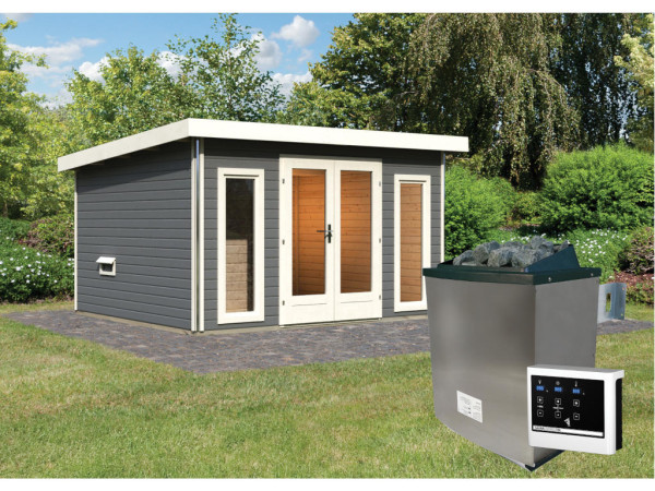 Saunahaus Mainburg 2 terragrau 38 mm inkl. klassischer Saunaofen 9 kW + ext. Steuerung