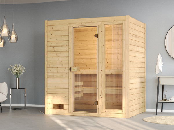 Massivholzsauna Valida mit Ganzglastür inkl. 4,5 kW Saunaofen Naturbelassen