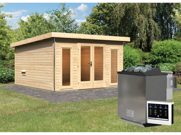 Saunahaus Mainburg 3 naturbelassen 38 mm inkl. Bio-Kombiofen 9 kW + ext. Steuerung