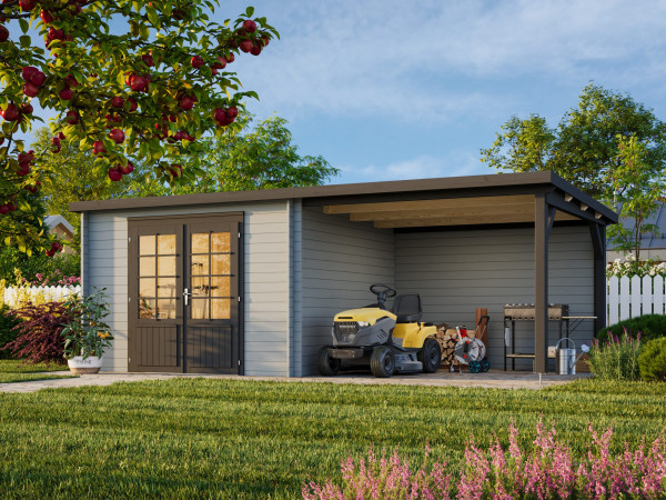 Gartenhaus Ella 8,7+8,2 m² 28 mm hellgrau/anthrazit