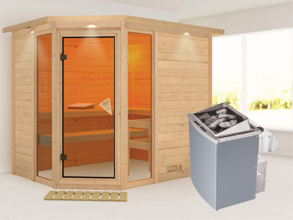 Sauna Massivholzsauna Sinai 3 mit Dachkranz, inkl. 9 kW Saunaofen integr. Steuerung