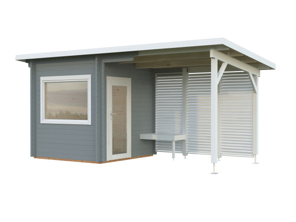 Saunahaus Blockbohlenhaus Sanna 4,1+5,9 m² 44 mm hellgrau/weiß