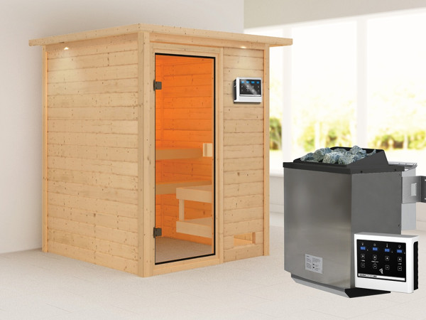 Sauna Massivholzsauna Sandra mit Dachkranz, inkl. 9 kW Bio-Ofen mit externer Steuerung