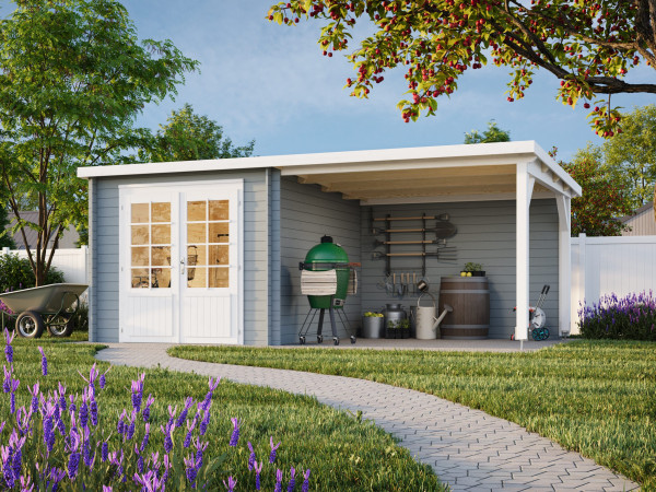 Gartenhaus Ella 6,9+8,2 m² 28 mm hellgrau/weiß