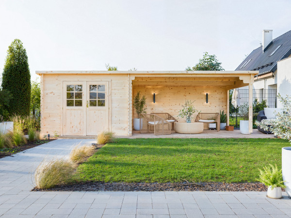 Gartenhaus Blockbohlenhaus CA2978 28 mm naturbelassen mit 4 m Anbau