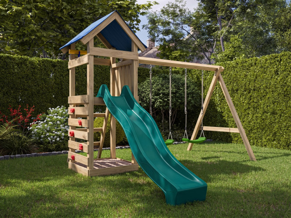 Spielturm Easy KDI inkl. Doppelschaukel inkl. Rutsche türkis + Sitze grün