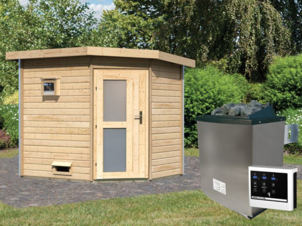 Saunahaus Mikka mit Milchglastür, inkl. 9 kW Bio-Kombiofen mit externer Steuerung